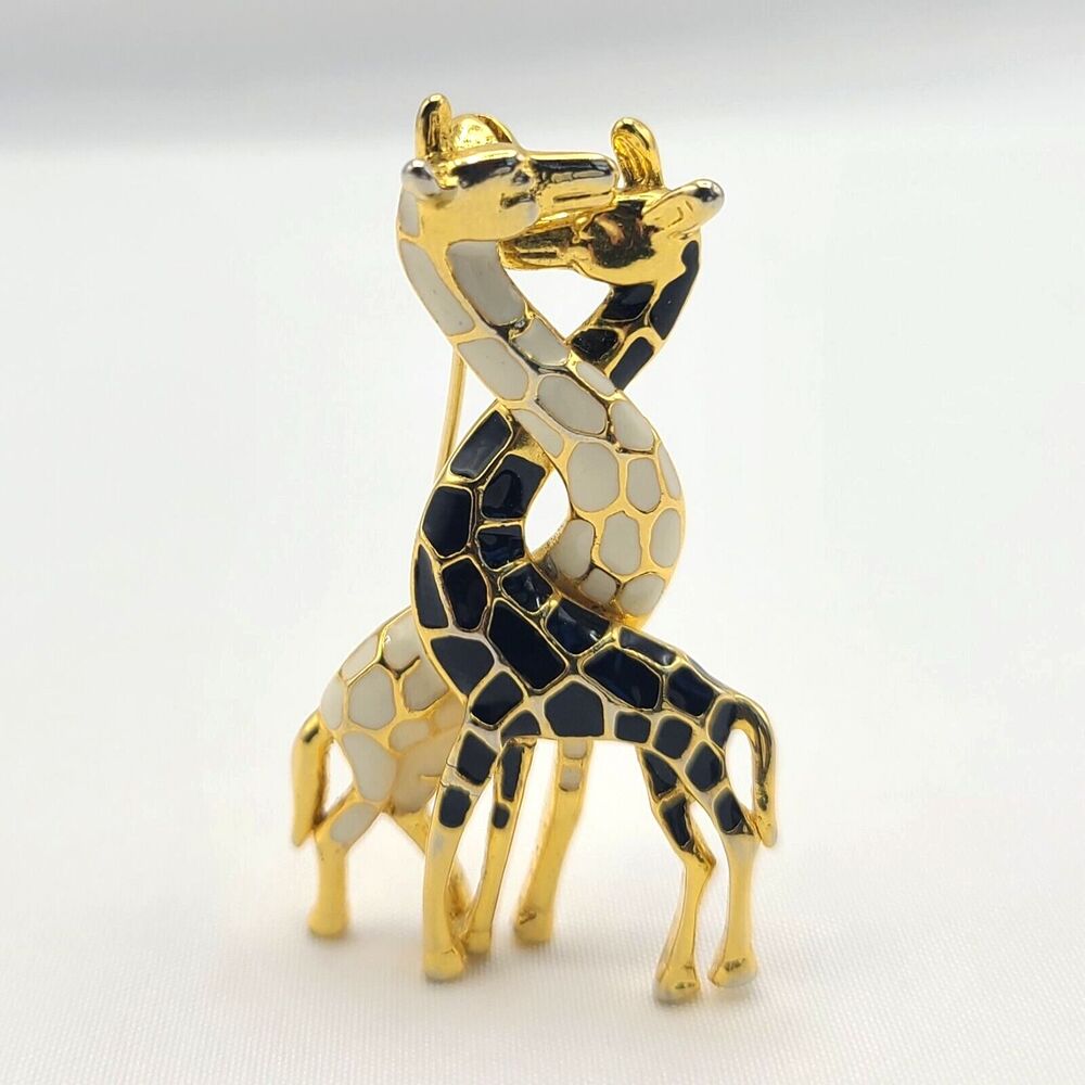 Vintage 80s Gold Tone Intertwined Giraffes Black & White Enamel Brooch Pin Retro - Picture 2 of 6
